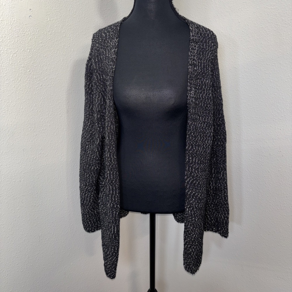 J. Jill Knit Open Cardigan Sweater Women's M Black White Lightweight Long Sleeve